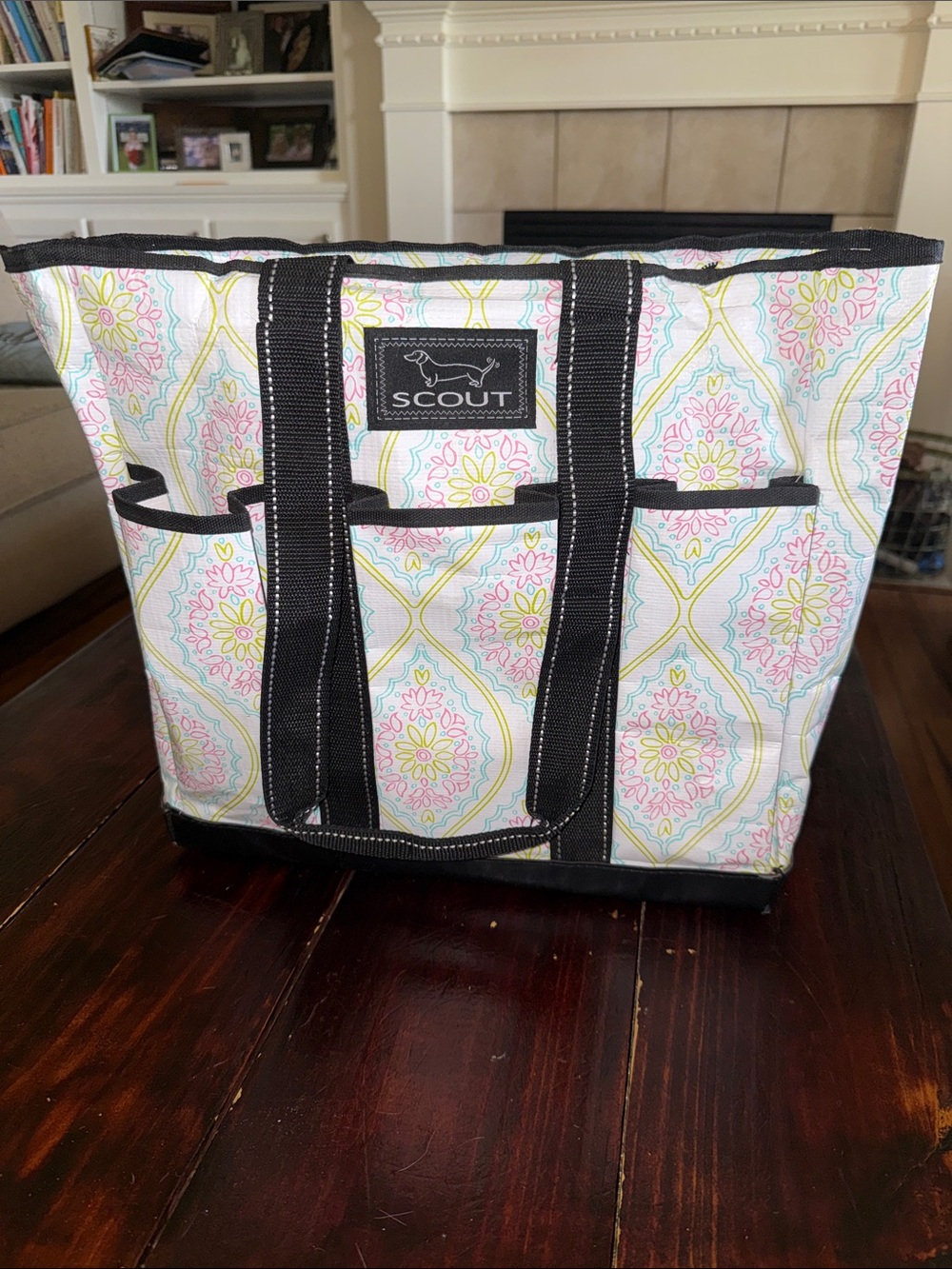 SCOUT Canvas Tote with Pink & Yellow Floral Medallion and Black Trim